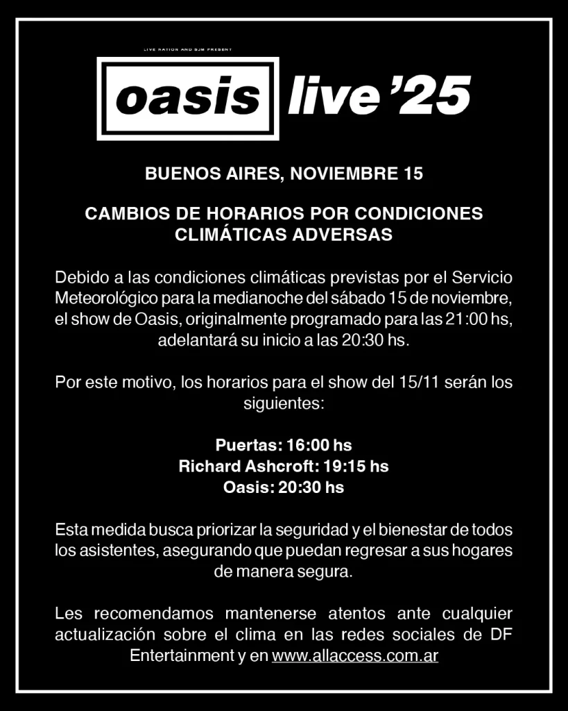 IMPORTANTE: Cambios de horarios del show de OASIS por condiciones climáticas DF OASIS CAMBIO HORARIOS FEED